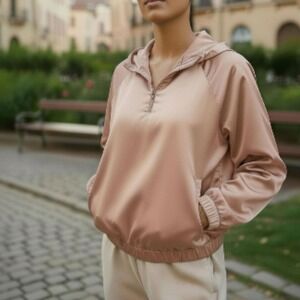 Shiny metallic half zip hoodie elastic waist band drape style comfy